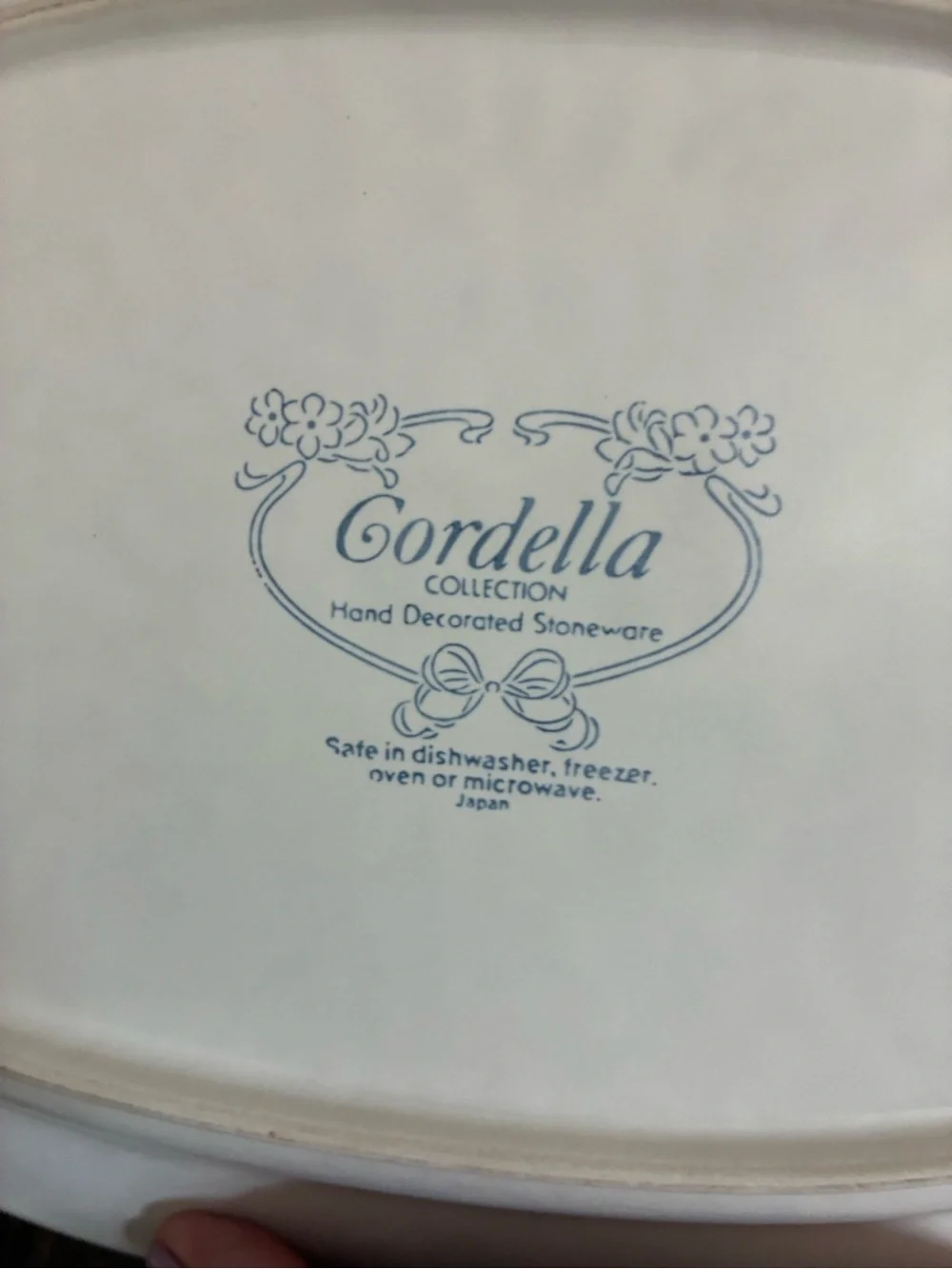 Cream Ceramic Serving Platter with Blue Rim and Orange Floral Accent
